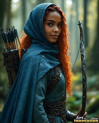 In a misty forest, a woman with red hair wears a teal hood and grips a bow