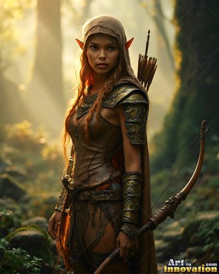 Holding a wooden bow in a sunlit forest, an elf woman wears brown leather armor