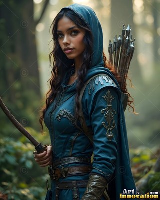 Woman in a teal cloak with its hood up with a bow and arrows in the woods
