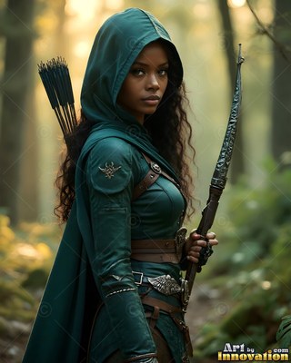 Green hooded cape on a Black woman holding a bow in a softly lit forest