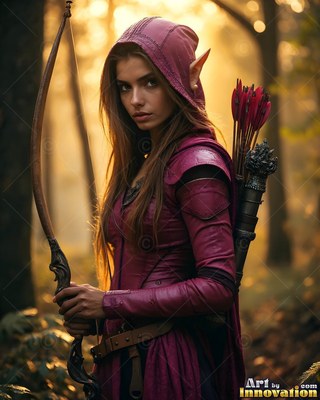 An elf woman holds a tall wooden bow in a forest lit by warm sunlight