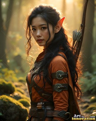Turned sideways in a sunny forest, an elf woman carries arrows on her back