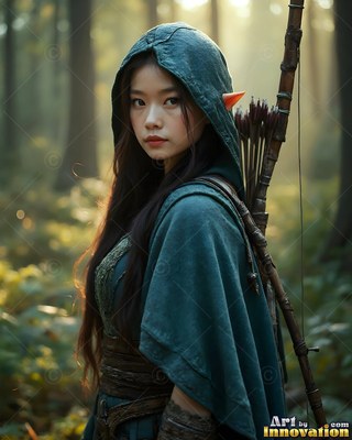 A young elf woman in a green hooded cloak carries a bow and arrows in a forest