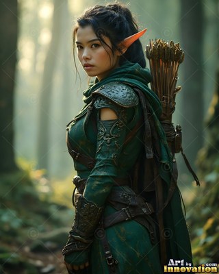 In a dim forest, an elf woman carries arrows over her green shoulder armor