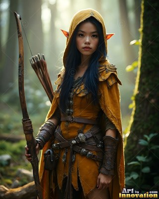 Holding a wooden bow, an elf woman stands in a forest wearing a yellow hooded cape