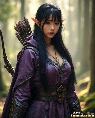 Elf woman in a purple tunic carrying arrows in a forest