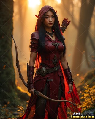 Wearing a red hooded cape, an elf woman has a tall wooden bow in a sunny forest