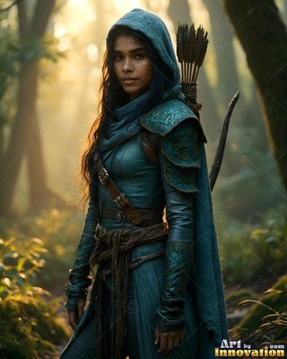 A hooded woman stands with arrows on her back in soft yellow forest light