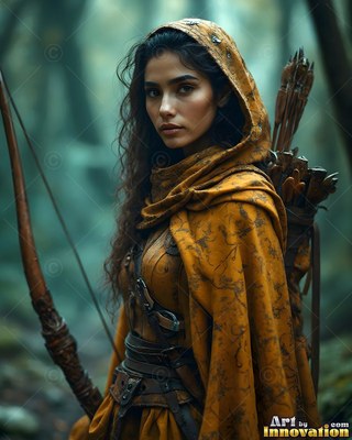 Turned sideways in a dim forest, a woman wears a yellow hooded cloak and carries a bow