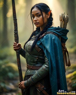 An elf woman in a green cloak stands in a forest with a quiver of arrows