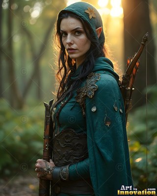 In a sunny forest, an elf woman carries a bow in a green hooded cloak