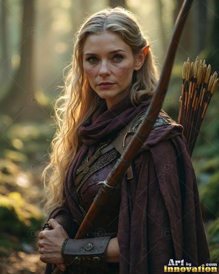 Holding a tall bow, a blonde elf woman in a brown cloak stands in a sunny forest