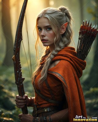 A blonde elf woman in an orange cloak holds a tall wooden bow