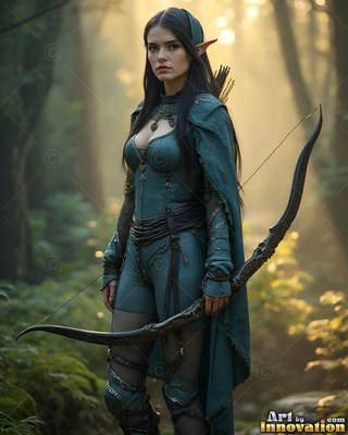 Dressed in teal leather armor, an elf woman has a bow in a hazy forest