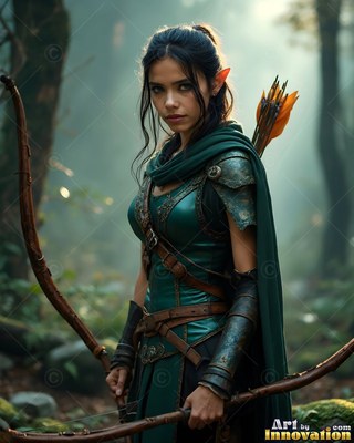 An elven woman carries a wooden bow in a misty forest, wearing deep green armor