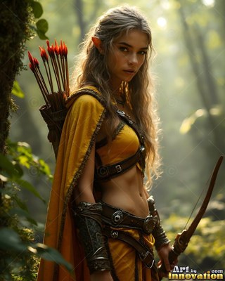 Standing in a green forest, an elf woman grips a bow with arrows on her back