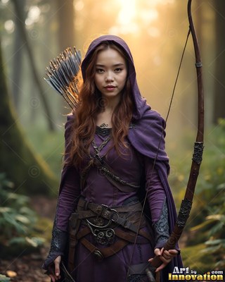 A woman in a purple cloak with a hood holds a longbow in a misty forest