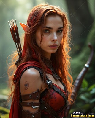 In a green forest, a red-haired elf woman carries a bow and a quiver of arrows