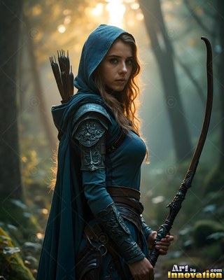 Holding a bow in a dim forest, a hooded woman in teal clothes turns to look back