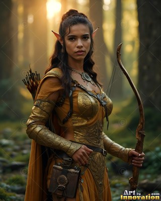 An elf woman in golden armor holds a wooden bow in a sunlit forest