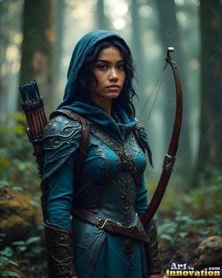 A teal hooded cloak covers an elf woman holding a bow in a misty green forest