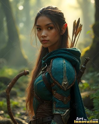 An elf woman stands in a green forest carrying a bow as soft sunlight filters through the trees