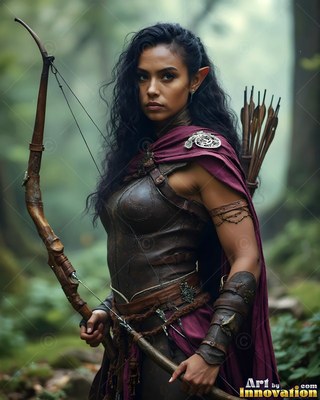 Standing in a green forest, an elf woman has a wood bow in leather armor