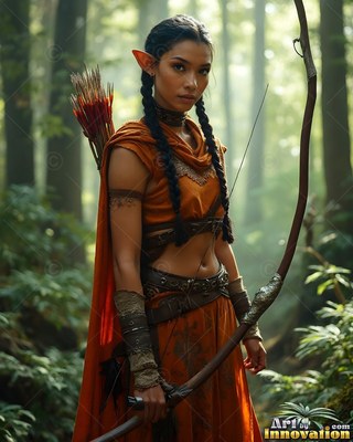 An elf woman in an orange outfit holds a tall bow in a sunny forest