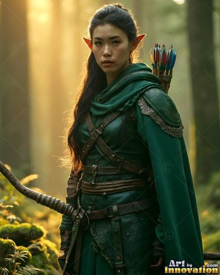 In a sunlit forest, an elf woman stands holding a bow in a green cloak with its hood up