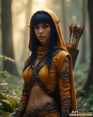 Standing in a forest, an elf woman with arrows wears a yellow hood and cape