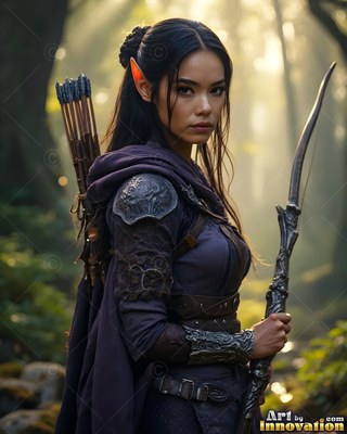 Elf woman in dark leather armor holding a bow in the forest woods