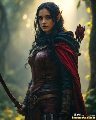 A red cape wraps around an elf woman holding a bow in a forest in the sun