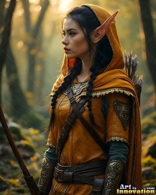 An elf woman in a yellow hood stands in a forest with soft sunlight behind her