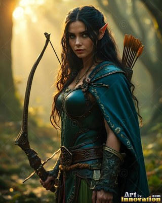 Turned sideways in a forest in sunlight, an elven woman has a bow in green armor
