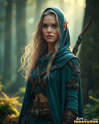 An elf woman wearing a dark teal cloak with its hood up carries a bow in a forest