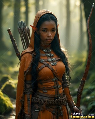 In a misty forest, an elf woman in an orange hood holds a wooden bow