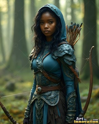 Holding a tall wooden bow, a hooded woman in teal armor stands in a misty forest