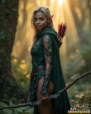 Elf woman in green holding a bow in a sunlit forest