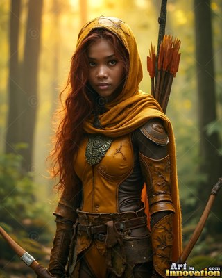 Yellow hooded cloak on an elf woman with arrows on her back in a misty green forest