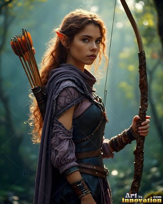 A woman with pointed ears holds a tall hunting bow in soft green forest light