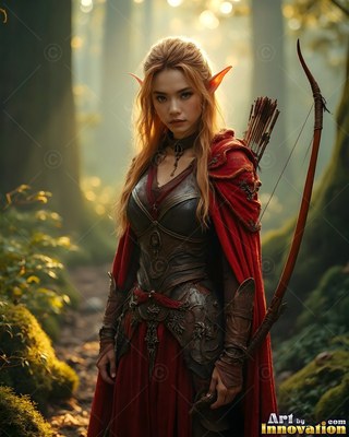 Standing in a quiet forest, an elf woman holds onto a bow and wears a red cloak