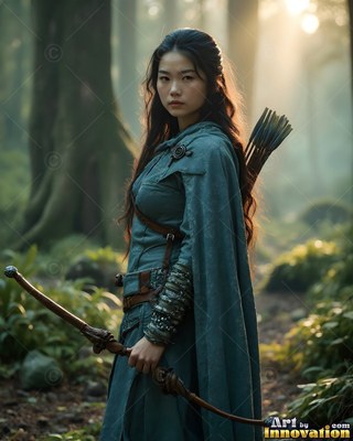 A young woman in a teal cloak holds a tall wooden bow on a quiet forest path