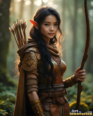 In a sun-drenched forest, an elf woman grips a bow with arrows strapped to her back