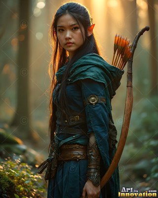 Standing in the woods, an elf woman carries a wood bow and arrows in soft sunlight