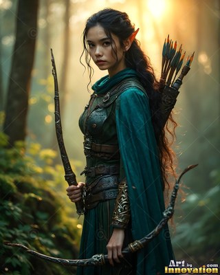 Elf woman in a green cloak holding a bow in a sunlit forest
