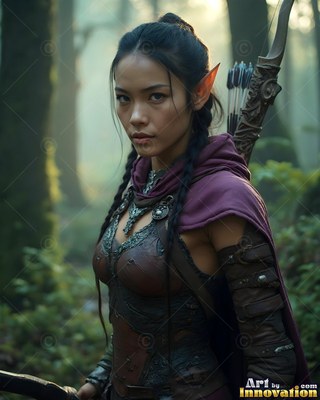 Wearing a purple hood, an elf woman with pointed ears carries a bow through a misty forest