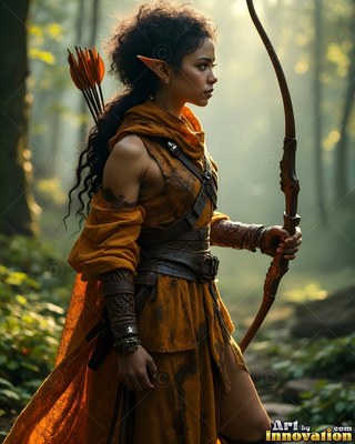 An elf woman stands holding a tall wood bow in soft golden forest light