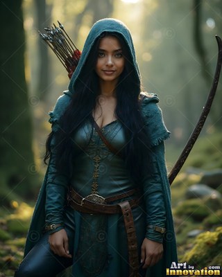 Facing forward in a forest in sunlight, a hooded woman carries a bow