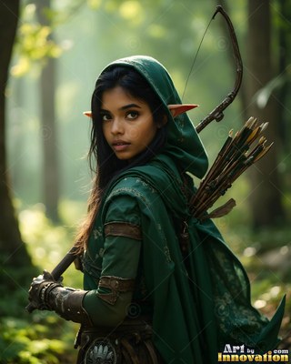 An elf woman in a green hooded cloak holds a bow in a sunny forest