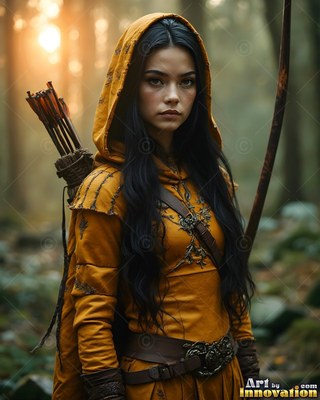 In a sunlit forest, a woman with arrows wears a yellow hood and holds onto a bow